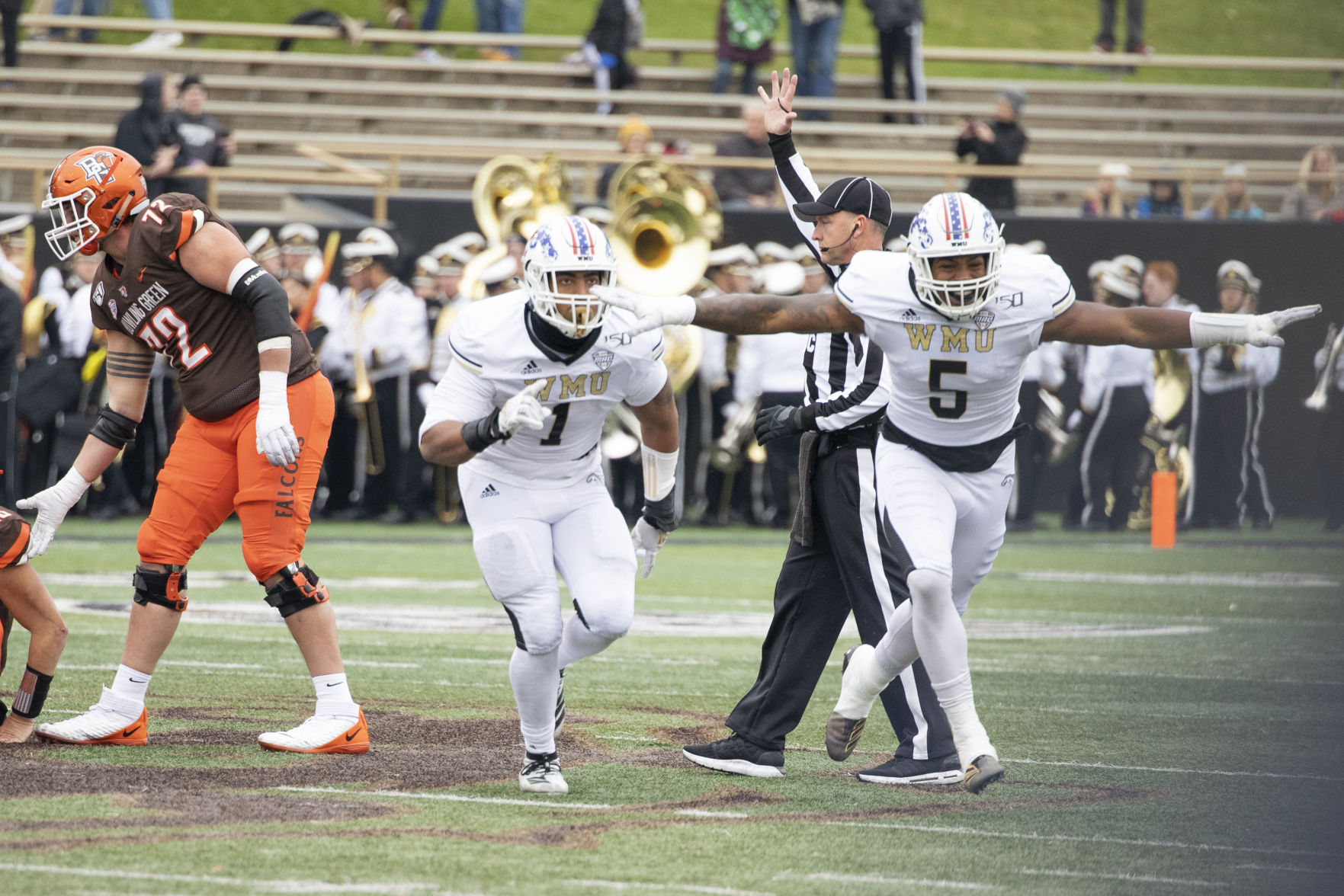 Defensive lineman, Ali Fayad and Andre Carter celebrate a sack